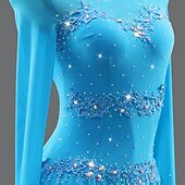 voordelige wedstrijd jurk-Sky Blue Latin Dance Dress - Long Sleeve Mesh Performance Costume with Rhinestones &amp; Lace Applique