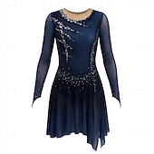 cheap Figure Skating Dresses-Figure Skating Dress Women's Girls' Ice Skating Dress Dark Blue Thumbhole Halo Dyeing High Elasticity Professional Competition Skating Wear Thermal Warm Crystal / Rhinestone Long Sleeve Ice Skating