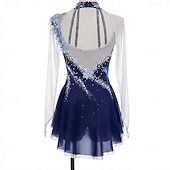 abordables Robes de Patinage Artistique-Robe de patinage artistique Femmes Patinage Robe Bleu Marine Patchwork Trou de pouce Élastique Entraînement Compétition Tenue de Patinage Classique cristal pailleté manche longue Patinage sur glace