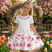 cheap 3D Flower Dress-Girls' 3D Floral Graphic Dress Short Sleeve 3D Print Summer Spring Daily Vacation Party Cute Basic Casual Kids 4-12 Years Casual Dress A Line Dress Knee-length Regular Fit