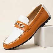 baratos Mocassins casuais-Mocassins masculinos laranja e branco, modelo slip-on com detalhe metálico, calçado casual elegante para o escritório, uso diário, viagens, looks de fim de semana e estilo cavalheiro.