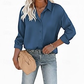  Dames Overhemd Elegant satijnen top Blouse Knop Effen Elegant Stijlvol Lange mouw Overhemdkraag Normale tops Dagelijks Feestdagen Uitgaan blauw Zwart Wit Geel Lichtgroen Zomer Lente Herfst