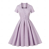 abordables Dresses-1950s Retro Vintage Midi Dress Short Sleeves With Belt Checkered / Gingham Square Neck Fancy Dress Women's Casual Dailywear Tea Party Adults' Dress Spring &amp; Summer