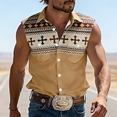 abordables camisas occidentales de los hombres-Hombre Cruz Étnico Bloqueo de color camisa occidental Camisa vaquera Camisa sin mangas Sin Mangas Vintage estilo occidental Exterior Vacaciones Verano Primavera Cuello Vuelto Impresión 3D Camisas con