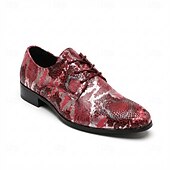 voordelige Derby Schoenen-Rode herenschoenen met slangenprint, vetersluiting, modieuze nette schoenen, een opvallend formeel schoeisel voor bruiloften, banketten, feesten, gala's, podiumoptredens en gedurfde avondkleding.