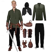 ieftine îmbrăcăminte-Medieval Renascentist Pantaloni Curea în Talie Cămașă Mâneci Lungi Pirat Viching Ranger Cu Șiret În V Costume de fancy Bărbați Pirat Mascaradă Petrecere Târgul Renașterii LARP Adulți Costum