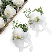 levne Umělé květiny-Slonovinová růžová korsáž na zápěstí, náramek a pánská sada boutonniér pro bílé svatební květinové doplňky, dekorace na ples
