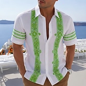 cheap Ethnic Pattern-Men's Geometric Grid / Plaid Ethnic Shirt Guayabera Shirt Button Up Shirt Short Sleeve Vintage Retro Daily Outdoor Vacation Summer Spring Turndown 3D Print Linen Like Shirt Blue Purple Green