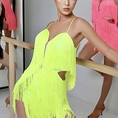 economico abito da competizione-Abito da ballo latino da donna giallo neon - gonna asimmetrica multistrato con frange per balli da sala e salsa &amp; prestazione