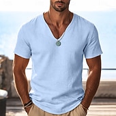 abordables Camisetas de Algodón y Lino-Hombre Camiseta Camisa manga corta Camiseta superior Camiseta de lino Manga Corta Escote en Pico Escote Primavera verano Verano Primavera Color sólido Plano Ropa de calle Elegante Ocio Clásico Puro