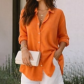cheap Plain Blouses-Women's Shirt Summer Shirt Casual Shirt Button Up Shirt Ruched Solid Color Plain Elegant Vacation Fashion Long Sleeve Turndown Long Tops Streetwear Beach Holiday Sage Green Pink Orange Rose Pink