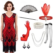 cheap Outfits-Vintage Roaring 20s 1920s Knee Length Dress Flapper Dress Gloves Sleeveless The Great Gatsby Charleston Sequins Tassel Fringe Fancy Dress Women's Halloween Carnival Cocktail Party Adults' 1 Fan Dress