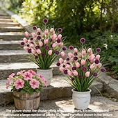 halpa Tekokukat-8 kpl ulkokäyttöön tarkoitettuja pehmeän sumun tulppaanikukkia ja sumun violetteja samettipalloja, keinotekoisia allium-kasveja, ulkokäyttöön sopivia tekokukkia ulko-/ulkokoristeluun, kuistille,