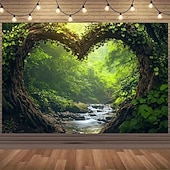 ieftine Tapiserie Pereți-Tapiserie de perete romantică în formă de inimă cu copac, pădure, râu, natură, frunze verzi, păduri fermecate, peisaj împădurit, fundal pentru agățat de perete, dormitor, living, decor de casă, artă