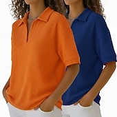  Набор из 2 женских футболок-поло с вафельной текстурой, вафельные трикотажные топы, простые, модные, классические, с коротким рукавом, с воротником, обычные, повседневные, пляжные, желто-оранжевые.