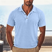 abordables Polo Classique pour Hommes-Homme Chemise en lin Polo Occasionnel Vacances Classique Manche Courte Vacances Mode Uni Texturé Boutons Été Printemps Coupe régulière Bleu Clair Noir Rose Claire Vert Bleu clair Chemise en lin