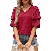 baratos Chiffon Tops-Mulheres Camisa Social Blusa Tops de chiffon Tecido à moda Básico Clássico Manga Curta Manga Princesa Decote V Tops regulares Casual Diário Feriado Azul Preto Branco Vinho Verde Escuro Verão Primavera