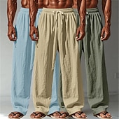 billige Klassisk-Herre Linbukser Bukser Sommerbukser Posete bukser Strandbukser Snorer Elastisk midje Rett ben عادي Komfort Pustende Full lengde Avslappet Daglig utendørs Ferie Mote Hvit + Svart + Grå Svart+blå+grønn