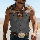 cheap Men's Western Shirts-Men's Geometric Pattern Ethnic Western Shirt Cowboy Shirt Sleeveless Shirt Sleeveless Western Style Vintage Retro Outdoor Work Causal Summer Spring Turndown 3D Print Work Shirts Blue Army Green Brown