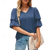 baratos Chiffon Tops-Mulheres Camisa Social Blusa Tops de chiffon Tecido à moda Básico Clássico Manga Curta Manga Princesa Decote V Tops regulares Casual Diário Feriado Azul Preto Branco Vinho Verde Escuro Verão Primavera