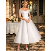 baratos Vestidos brancos pequenos-De Baile Longuette Vestidos de noiva Vestidos para Chá de Panela Vestido de Noiva Vestidos Brancos Justos Alças Ombro a Ombro Graduação Aniversário Renda Tule com Pregas Apliques