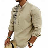 cheap Vacation-Men's Shirt Linen Shirt Popover Shirt Summer Shirt Beach Shirt Geometric Casual Vacation Black White Pink Navy Blue Long Sleeve Stand Collar Summer Spring Clothing Apparel Buttons