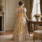 abordables Robe-Médiéval Renaissance 19ème siècle Longueur au sol Robe Manches courtes Princesse Floral Imprimé Floral Col carré Déguisement Femmes Carnaval Foire de la Renaissance LARP Soirée à thème rétro Adulte