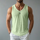 billige Treningsskjorter uten armer-Herre Linne Tank Top Ermeløs skjorte Wifebeater skjorte Ermeløs Crew-hals V-hals Sommer Vår Alle årstider عادي Mote Grunnleggende Bohemsk Tynn Myk Ren Avslappet Strand Feriereise Blå Svart Hvit Topp