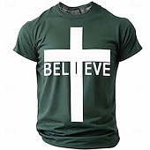  Believe Christian Cross Men's Minimalist Religious Spiritual T Shirt Graphic Crew Neck Short Sleeve Church Worship Gift for Believers Designer Clothing Apparel