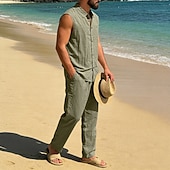 cheap Cotton Linen Shirt-Male Linen Shirt 2 Piece Shirt Set And Linen Pants Trousers Casual Pants Set Plain Daily Outdoor Vacation Turndown Sleeveless Summer Fashion Casual Comfortable Clothing Apparel