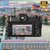 Недорогие Экшн-камеры-Цифровая фото- и видеокамера 6K, камера для видеоблогинга 64 Мп с автофокусом, поворотным экраном на 180°, вспышкой, замедленной съемкой и широкоугольным объективом. &amp;макрообъектив, компактная камера