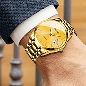 economico Orologi al quarzo-Orologio da polso di lusso da uomo in oro, al quarzo, elegante e alla moda, con bracciale a maglie in acciaio inossidabile, datario, impermeabile, orologio classico ed elegante, regalo perfetto per