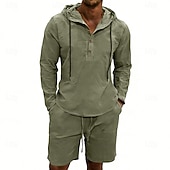 billige Linskjorte i bomull-Herre Linskjorte 2 deler Popover skjorte Og Shorts Lin Shorts Strandshorts Sett عادي Daglig utendørs Feriereise Med hette Langermet Sommer Mote Fritid Bekvem Klær