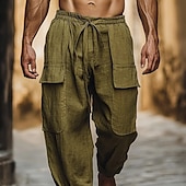 baratos Retrô-Homens Calças de linho de algodão Calças Calça verão Calças de praia Com Cordão Cintura elástica Côr Sólida Conforto Confortável Diário Ao ar livre Streetwear Férias Moda Verde Sem Elasticidade