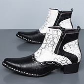 economico Stivali da vestiti-Stivaletti da uomo in stile western bianchi e neri con cerniera laterale, stivali da cowboy a punta per uomini eleganti, ideali per festival musicali, feste, spettacoli teatrali e outfit alla moda.