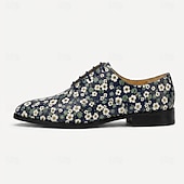 economico Scarpe Eleganti Elementari-Scarpe eleganti stringate da uomo in vera pelle blu navy con stampa a margherite, modello Oxford vintage floreale, perfette per matrimoni, balli di fine anno, cene e eventi formali.