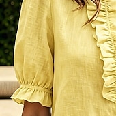 billige Enkle bluser-Dame Skjorte Skjorter i bomullslin Sommerskjorte Uformell skjorte Flettet Drapering Knapper Helfarge عادي Ferie Mote Fritid Halvlange ermer V-hals Vanlige topper Gateklær Strand Ferie Blå Gul Sommer