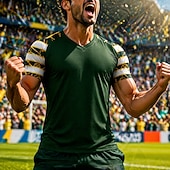  Heren voetbalshirt geïnspireerd op Brazilië, V-hals, groen, wit, goud, abstract patroon, ademend mesh, toernooishirt, UFP50+