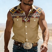 cheap Men's Western Shirts-Men's Geometric Pattern Ethnic Western Shirt Cowboy Shirt Sleeveless Shirt Sleeveless Western Style Vintage Retro Outdoor Work Causal Summer Spring Turndown 3D Print Work Shirts Blue Army Green Brown
