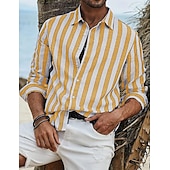 رخيصةأون أجازة-رجالي قميص قميص كتان قميص صيفي قميص الشاطئ قميص من القطن والكتان قمصان مخططة مخطط عطلة ستايل هاواي أصفر أحمر أزرق أخضر كم طويل طوي ربيع &amp; الصيف ملابس زر أسفل