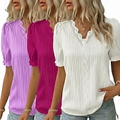 ieftine tricou simplu-pachete multiple 3 buc bluză texturată pentru femei tricou top dantelă patchwork simplu modă elegant clasic mânecă scurtă decolteu în V topuri obișnuite casual zilnic plajă alb+fucsia+galben