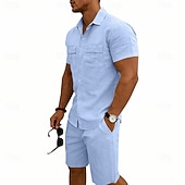 economico Camicie di lino-Per uomo Camicia di lino Due pezzi Set Camicia E Shorts Shorts di Lino Shorts da Spiaggia Impostare Semplice Quotidiano All'aperto Vacanza Collo ripiegato Manica Corta Estate Moda Casual Confortevole
