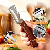 abordables Utensilios de cocina y gadgets-Pelador de verduras con mango de madera y abridor de botellas, pelador de verduras multifuncional para la cocina, utensilio de cocina para pelar frutas, calabazas, patatas, zanahorias y otras