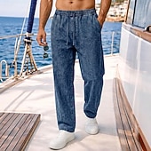 abordables pantalones casuales-Pantalones softfade™ para hombre, pantalones casuales de verano, pantalones vaqueros 100% algodón, cintura elástica con cordón, pierna recta, lisos, cómodos, transpirables, largos, casuales, para uso diario, actividades al aire libre, vacaciones.