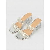 cheap Heeled Sandals-Women's Elegant Silver Slides with Faux Pearl Embellishments - Chic Clear Sandals for Evening Resort Wear, Beach Weddings &amp; Summer Galas