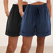 ieftine Pantalonii-pachete multiple 2 buc pantaloni scurți de damă din bumbac și in, pantaloni scurți de vară, pantaloni scurți de plajă, vacanță, pantaloni scurți simpli, talie înaltă, simplu, cu buzunar, talie elastică, confortabili, moi, confortabili, neelastici, zilnic,