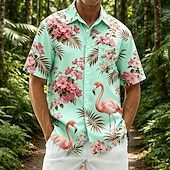 economico Uccelli &amp; Animali-Per uomo Fenicottero Uccello Fiori tropicali Camicie hawaiane Camicie tropicali Camicia Aloha Manica Corta Hawaiano Vacanza al Mare Estate Collo ripiegato Stampa 3D Una tasca anteriore Camicie con