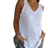 abordables Tops de Encaje-Women's Eyelet Top Pointelle Tee Lace T-shirt Jacquard Solid Color Elegant Sleeveless V Neck Regular Tops Casual Daily Weekend White Summer Spring