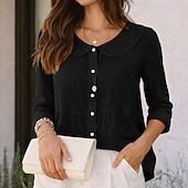 tanie Podstawowe fałszywe koszule-Damskie Koszula Codzienna koszula Zapinana na guziki koszula Sztuczna bawełna len Guziki Jednokolorowe Równina Urlop Moda Codzienny Kołnierzyk Piotruś Pan Zwykłe topy Streetwear Plaża Święto Czarny