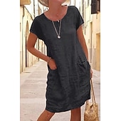 cheap Dresses-Women's Mini Dress Linen-feel Dresses Casual Dress T Shirt Dress Tee Dress Fashion Modern Daily Vacation Going out Loose Fit Plain Short Sleeve Crew Neck Black Khaki Gray Light Blue Summer Spring Fall